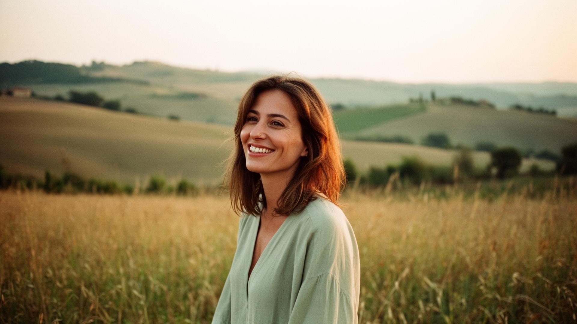 Donna che sorride in uno spazio aperto, luce naturale del tramonto